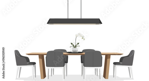 Modern dining room set with light wood table, grey chairs, and pendant light on white background
