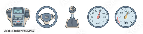 Car dashboard elements, including a radio, steering wheel, gear shift, speedometer, and fuel gauge, are depicted in a clean, modern cartoon style.