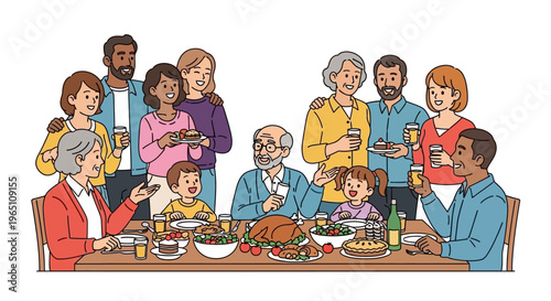Multi-generational family gathering around a festive dinner table, celebrating together.