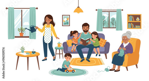 Happy family enjoying quality time together in a cozy living room, diverse generations sharing activities