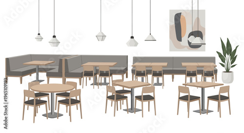 Modern cafe interior with booth seating, tables, chairs, and abstract art.