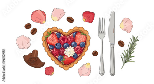 Heart-shaped Berry Tart with Rose Petals, Coffee Beans and Utensils