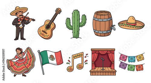 Mexican cultural symbols and traditional elements are beautifully illustrated in a vibrant collection, showcasing the rich heritage of Mexico.