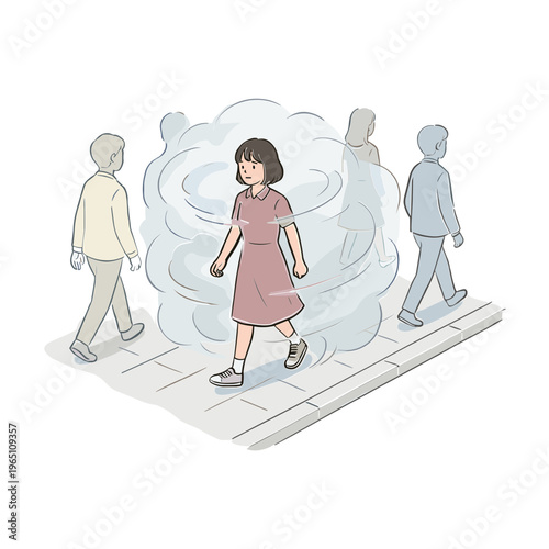 People walk on sidewalk with woman surrounded by swirling smoke