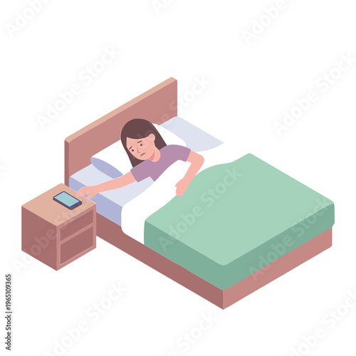 Woman sleeping peacefully in bed with phone on nightstand beside her