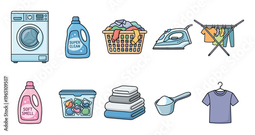 Essential laundry items and cleaning supplies for household chores are depicted, including a washing machine, detergents, an iron, and a clothes drying rack.