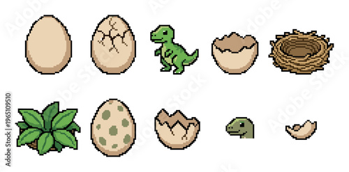 Dinosaur eggs hatching process illustrated with pixel art elements, showing the evolution from a whole egg to a baby dinosaur and broken shell.