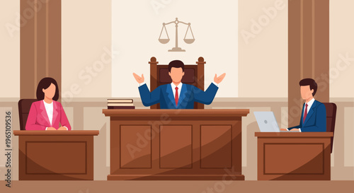 Illustration of a judge and lawyers in a courtroom with a scale of justice