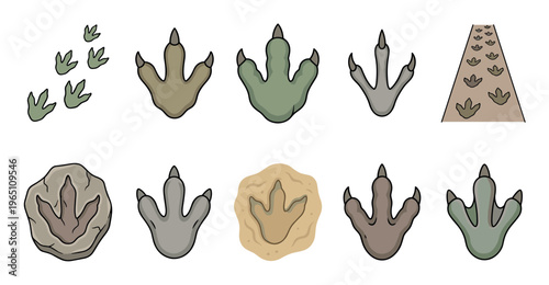 Dinosaur footprints and tracks in various styles and colors representing ancient prehistoric creatures, including fossilized impressions and walking paths.