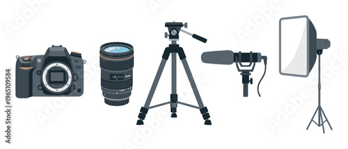 Photography and videography equipment collection includes camera, lens, tripod, microphone, and softbox for professional content creation.