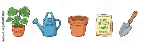 Gardening tools and plant care supplies displayed in a colorful cartoon style illustration, perfect for home gardening and plant enthusiasts.