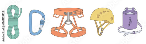 Climbing gear equipment accessories for outdoor sports adventure, essential tools for safety and performance in mountaineering and rock climbing.