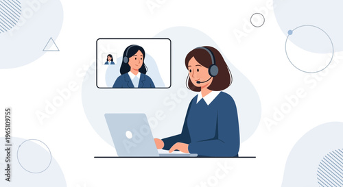 Customer Service Agent with Headset on Laptop, Video Call with Colleague