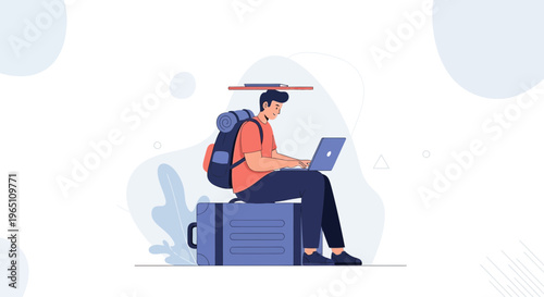 Young man with backpack working on laptop while sitting on suitcase, digital nomad concept