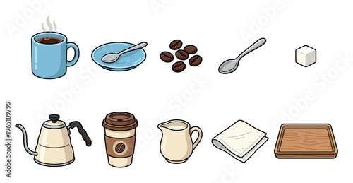 Various coffee items and accessories are neatly arranged, showcasing essential elements for brewing and serving hot beverages in a charming cartoon style.