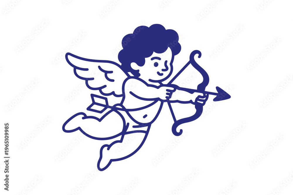 Fototapeta premium Blue cupid cherub with wings holding a bow and arrow angel