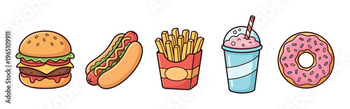 Delicious fast food items collection featuring classic American snacks like a juicy hamburger, hot dog, crispy french fries, sweet milkshake, and a pink donut.