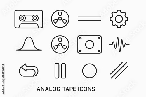 Analog Tape Icons. Analog tape icons. Line outline icon set of Analog tape icons: analog cassette, reel pair,