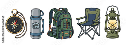 Essential camping and hiking gear items including a compass, thermos, backpack, folding chair, and lantern are neatly arranged, ready for an outdoor adventure.