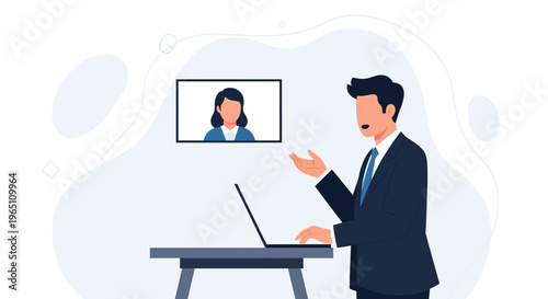 Business man video conferencing with colleague on laptop, remote work concept