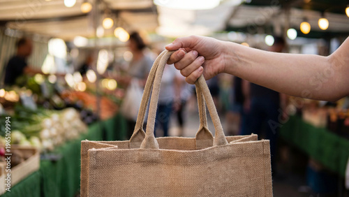 Hand holding reusable bag at vibrant farmers market with fresh produce  