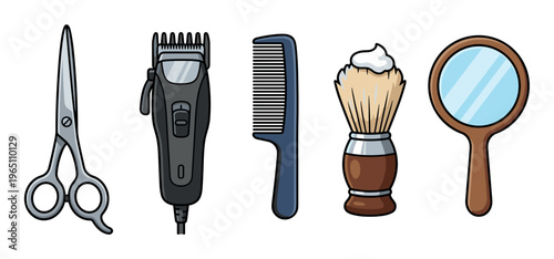 Barber tools and grooming equipment set in a vibrant cartoon illustration style, perfect for professional hair cutting and styling services.