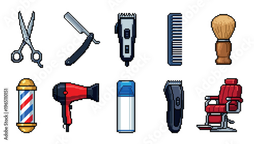 Barber shop tools and hairdressing equipment pixel art icons set, perfect for retro arcade game design, mobile app interfaces, or digital projects.