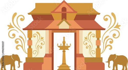 Traditional Mesadi illustration vector of a temple entrance with elephants and a lamp, featuring cultural elements in a graphic design.