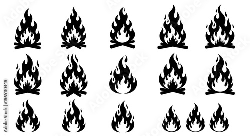 Collection of various black flame icons on a white background
