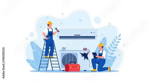 Illustration of two technicians repairing an air conditioner with tools