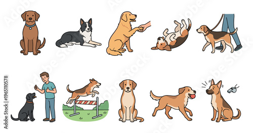 Various dogs engaging in different activities and poses, illustrating pet ownership, training, agility, and playful moments in a charming cartoon style.