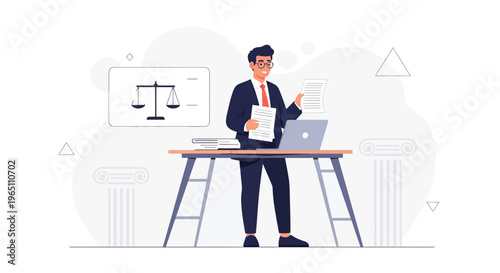 Lawyer with documents and laptop in office, scales of justice symbol