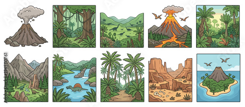 Prehistoric landscapes and ancient world scenes featuring volcanoes, dinosaurs, lush jungles, and desert canyons in a cartoon style illustration.