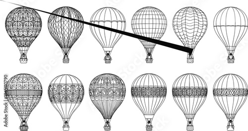 Hot air balloon collection featuring intricate ornamental patterns and detailed line art designs in vintage engraving style for travel and decorative vector illustration