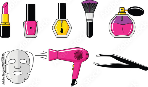 Beauty and Cosmetics Icons Set Featuring Lipstick, Nail Polish, Perfume, Makeup Brush, Face Mask, Hair Dryer, and Tweezers for Personal Care