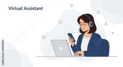 Virtual Assistant Working on Laptop and Phone with Headphones