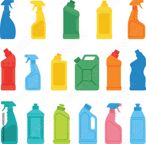 Cleaning products bottles collection with spray containers detergent and household supplies colorful vector illustration set isolated