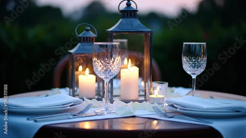 Romantic Evening Table with Lanterns Mid Shot Warm Outdoor Dining