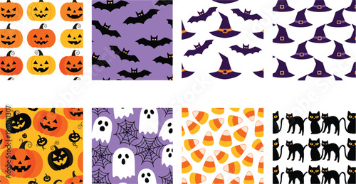 Halloween Patterns Icons Set Featuring Pumpkins, Bats, Witches Hats, Ghosts, Candy Corn, and Black Cats for Spooky Season Designs