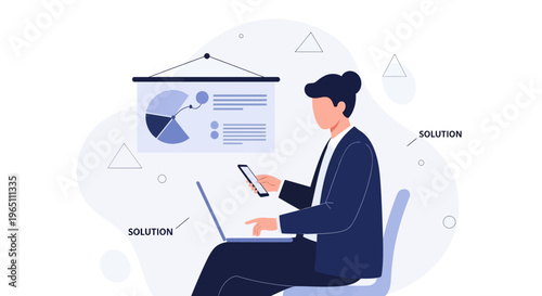 Business man with laptop and phone presenting solution on screen