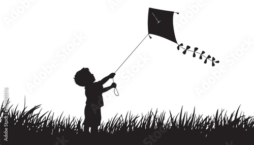 Silhouette of a child flying a kite on a grassy hill against a bright white sky with a whimsical tail.