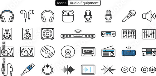 Collection of audio equipment and sound technology icons, perfect for digital design and multimedia projects
