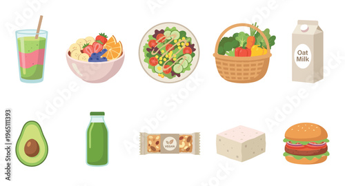 Various healthy food items and vegan meal options are neatly arranged, showcasing a diverse range of nutritious choices for a balanced diet.