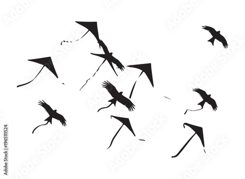 Kite bird silhouettes flying together abstract shapes nature outdoors wind sky motion graphic design creative.