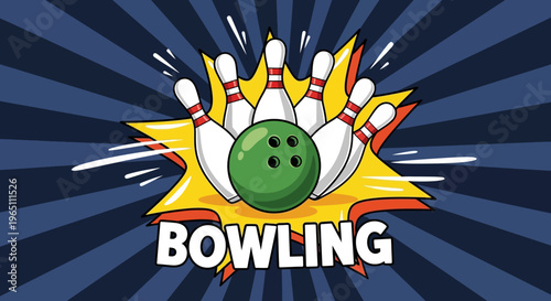 Graphic illustration of a bowling ball and pins in a burst of colorful motion against a dark blue background.