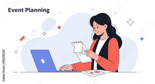 Event Planning Woman Working on Laptop and Calendar, Business Organization Concept