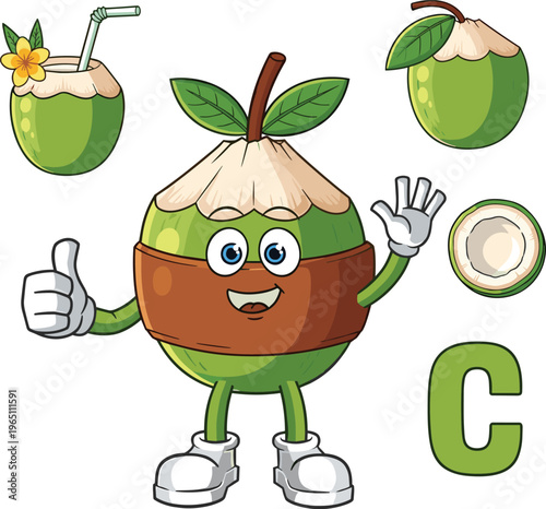 Vitamin C mascot character with coconut drink healthy fruit cartoon illustration for nutrition and wellness concept