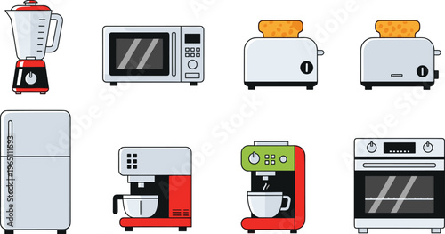 Home Appliances Icon Set Featuring Blender, Microwave, Toaster, Refrigerator, Coffee Maker, and Oven for Kitchen and Household Use