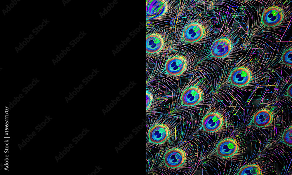Obraz premium Peacock feather pattern with iridescent jewel toned design and black copy space creating an elegant and exotic background
