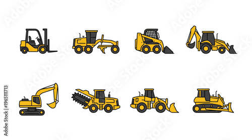 Yellow Heavy Construction Vehicles and Industrial Equipment Icons Set on Black Background